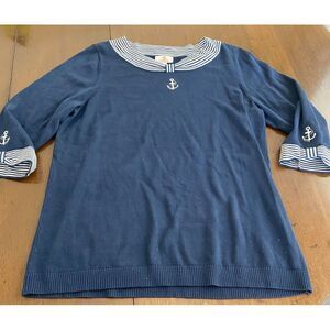 Quacker Factory Sweater Women's Large Navy White Knit Stripe Boat Neck Anchor